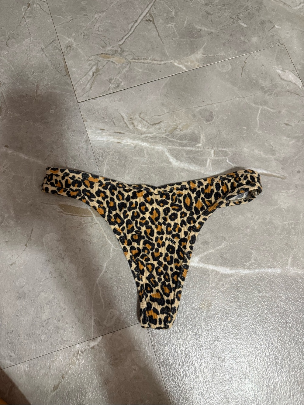 PINK Victoria's Secret Leopard Print Ribbed Thong Panty - Black & Tan